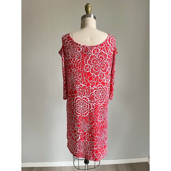 Clara Sunwoo Pink Stretchy Cold Shoulder Tunic Top XS Floral Geometric Long Line - Picture 5 of 16